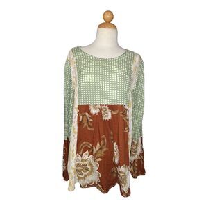 Ces Femme Boho Patchwork Long Sleeve Blouse Women's Size Small Relaxed Fit Top